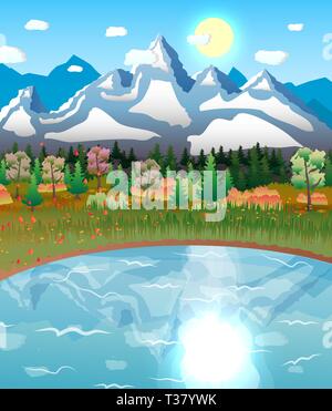 nature landscape with forest, lake and mountains sun. vector illustration Stock Vector