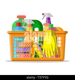 Cleaning set. household cleaning products and accessories in plastic basket. rubber gloves, detergent spay, sponge. vector illustration in flat design Stock Vector