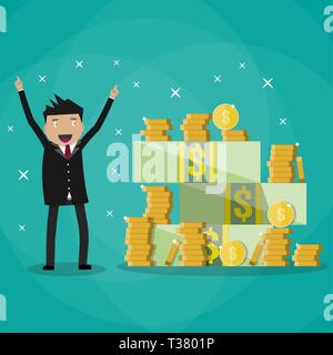 Happy rich man standing near money and holding it. Much money and gold ...