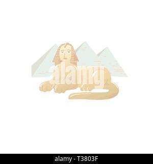 great sphinx icon drawn on the background of the three pyramids of Cheops, Khafre and Menkaure in Giza, Cairo, Egypt, vector illustration Stock Vector