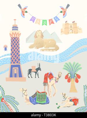 travel card about Egypt, great famous egyptian places in Giza, vector illustration Stock Vector