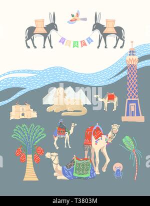 travel card about Egypt, great famous egyptian places in Giza, vector illustration Stock Vector