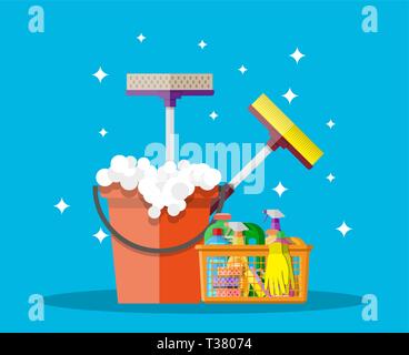 Cleaning set. household cleaning products and accessories in plastic basket. bucket with soap, rubber gloves, mop, detergent spay, sponge. vector illu Stock Vector
