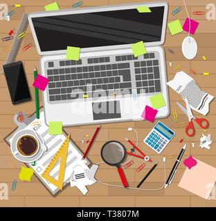 Creative mess on wooden desk. chaos on table. vector illustration in flat style Stock Vector