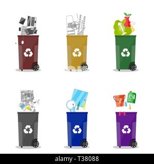 Waste management. Waste segregation. Separation of waste on garbage cans. Sorting waste for recycling. Colored waste bins with trash. Metal, glass, e- Stock Vector