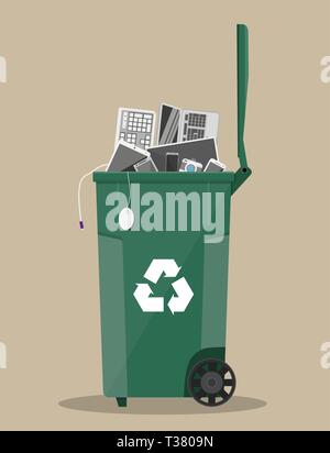 e-waste recycle bin container with old computer equipment, phones, laptop, mouse, keyboard. vector illustration in flat style Stock Vector