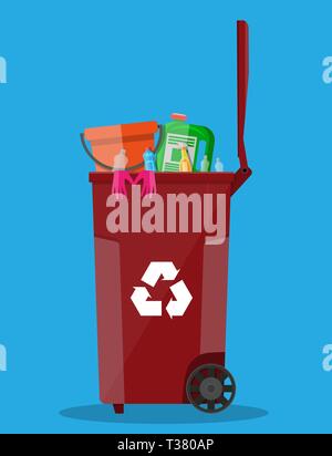 trash recycle bin container for garbage full of plastic and rubber things. Bin for plastic and rubber. Vector illustration in flat design Stock Vector