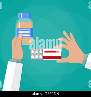 Doctor hand holding box of pills and jar of capsules. vector illustration in flat style on green background Stock Vector