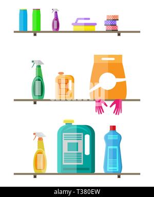Household products on plastic shelves. cleaning products in bottles for floor and glass, rubber gloves, sponge, powder. vector illustration in flat st Stock Vector