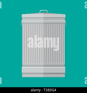 Steel street trash can on green background. vector illustration in flat style Stock Vector