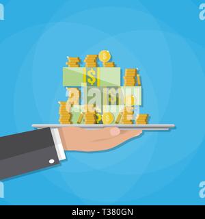 hand holding tray with pile of cash money and gold coins. vector illustration in flat style on blue background Stock Vector