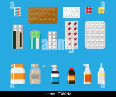 Medicine pills capsules and bottles isolated on blue background. Tablets in flat style. Medical icons set. vector illustration Stock Vector