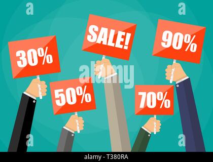 Five cartoon businessmens hands holding red sign boards with the word sale. Vector illustration in flat design on green background Stock Vector