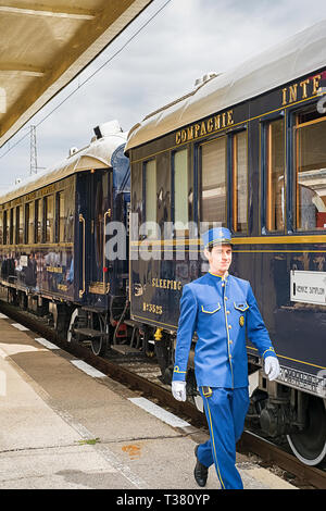 Ruse city, Bulgaria - August 29, 2017. The butler. The legendary Venice Simplon Orient Express is ready to depart from Ruse Railway station. The luxur Stock Photo