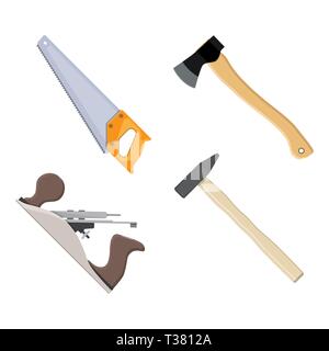 set of carpenter. hand plane, saw, hammer, axe. vector illustration in flat style Stock Vector