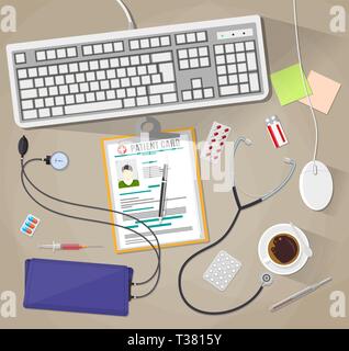 Wooden doctors desk with keyboard and mouse, medical and healthcare devices and pills. vector illustration in flat style Stock Vector