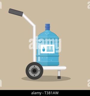 Hand truck with big plastic bottle for water cooler. delivery concept. vector illustration in flat style on brown background Stock Vector
