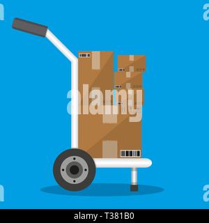 Metallic hand truck. delivery. hand truck icon. hand truck with brown boxes. vector illustration in flat design on blue background Stock Vector