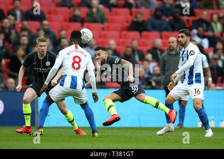 London, UK. 06th Apr, 2019. Nicolas Otamendi of Manchester City  (30) in action.The Emirates FA Cup, semi-final match, Manchester City v Brighton & Hove Albion at Wembley Stadium in London on Saturday 6th April 2019.  this image may only be used for Editorial purposes. Editorial use only, license required for commercial use. No use in betting, games or a single club/league/player publications . Credit: Andrew Orchard sports photography/Alamy Live News Stock Photo