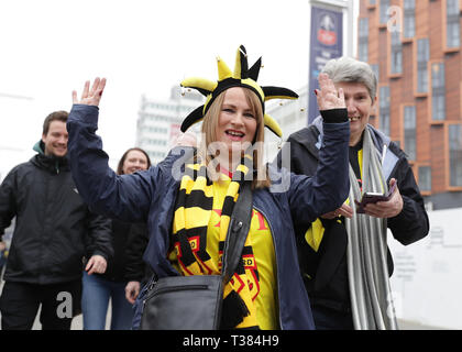 London, UK. 7th Apr 2019. The Emirates FA Cup, semi final, Watford versus Wolverhampton Wanderers; Watford fan arriving at Wembley Stadium Credit: Action Plus Sports Images/Alamy Live News Stock Photo