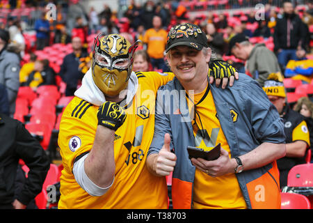 London, UK. 7th Apr, 2019. Wolves fans during the FA Cup Semi Final match between Watford and Wolverhampton Wanderers at Wembley Stadium, London on Sunday 7th April 2019. (Credit: Leila Coker | MI News) Editorial use only, license required for commercial use. No use in betting, games or a single club/league/player publications. Credit: MI News & Sport /Alamy Live News Stock Photo