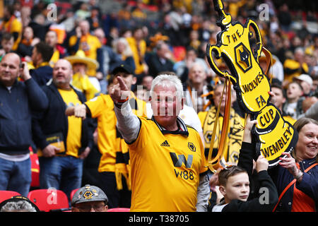 London, UK. 7th Apr, 2019. Wolves fans during the FA Cup Semi Final match between Watford and Wolverhampton Wanderers at Wembley Stadium, London on Sunday 7th April 2019. (Credit: Leila Coker | MI News) Editorial use only, license required for commercial use. No use in betting, games or a single club/league/player publications. Credit: MI News & Sport /Alamy Live News Stock Photo