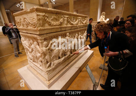 Beirut, Lebanon. 7th Apr, 2019. A marble sarcophagus from the 2nd century AD, inscribed with the legend of Achilles, is displayed at the National Museum of Beirut in Beirut, Lebanon, April 6. 2019. Officially opened in 1942, the National Museum of Beirut is the principal museum of archaeology in Lebanon with a collection of about 100,000 objects. Credit: Bilal Jawich/Xinhua/Alamy Live News Stock Photo