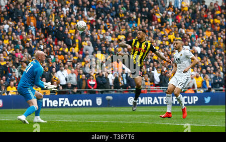 London, UK. 7th Apr, 2019. Watford's Andre Gray during The FA Emirates Cup Semi-Final match between Watford and Wolverhampton Wanderers at Wembley Stadium, London, on 07 Apr 2019. Credit: Action Foto Sport/Alamy Live NewsEditorial use only, licence required for commercial use. No use in Betting, games or a single club/league/player publication. Credit: Action Foto Sport/Alamy Live News Stock Photo