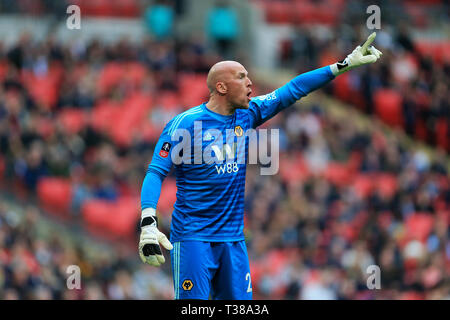 London, UK. 7th Apr, 2019.  John Ruddy of Wolverhampton Wanderers during the FA Cup Semi Final match between Watford and Wolverhampton Wanderers at Wembley Stadium, London on Sunday 7th April 2019. (Credit: Leila Coker | MI News) Editorial use only, license required for commercial use. No use in betting, games or a single club/league/player publications. Photograph may only be used for newspaper and/or magazine editorial purposes. For any queries, please con Credit: MI News & Sport /Alamy Live News Stock Photo