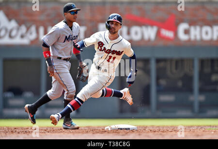 Atlanta Braves center fielder Cristian Pache (25) runs to second base  during a baseball game against the Philadelphia Phillies Saturday, April  10, 2021, in Atlanta. (AP Photo/John Bazemore Stock Photo - Alamy