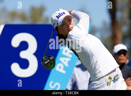 Rancho Mirage, California, USA. 7th Apr 2019. Jin Young Ko of Korea hits a tee shot on the third hole during the final round of the LPGA Tour ANA Inspiration golf tournament at Mission Hills Country Club in Rancho Mirage, California. Charles Baus/CSM Credit: Cal Sport Media/Alamy Live News Stock Photo