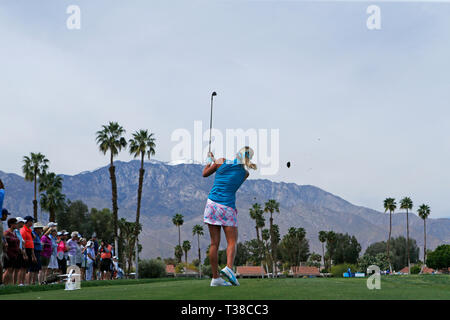 Rancho Mirage, California, USA. 7th Apr 2019. Lexi Thompson hits a tee shot on the fifth hole during the final round of the LPGA Tour ANA Inspiration golf tournament at Mission Hills Country Club in Rancho Mirage, California. Charles Baus/CSM Credit: Cal Sport Media/Alamy Live News Stock Photo