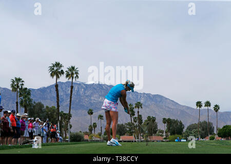 Rancho Mirage, California, USA. 7th Apr 2019. Lexi Thompson hits a tee shot on the fifth hole during the final round of the LPGA Tour ANA Inspiration golf tournament at Mission Hills Country Club in Rancho Mirage, California. Charles Baus/CSM Credit: Cal Sport Media/Alamy Live News Stock Photo