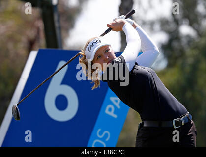 Rancho Mirage, California, USA. 7th Apr 2019. Brook Henderson hits a tee shot on the sixth hole during the final round of the LPGA Tour ANA Inspiration golf tournament at Mission Hills Country Club in Rancho Mirage, California. Charles Baus/CSM Credit: Cal Sport Media/Alamy Live News Stock Photo