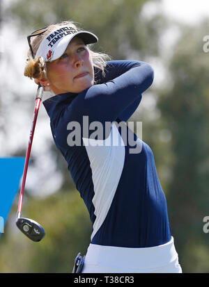 Rancho Mirage, California, USA. 7th Apr 2019. Jessica Korda hits a tee shot on the sixth hole during the final round of the LPGA Tour ANA Inspiration golf tournament at Mission Hills Country Club in Rancho Mirage, California. Charles Baus/CSM Credit: Cal Sport Media/Alamy Live News Stock Photo