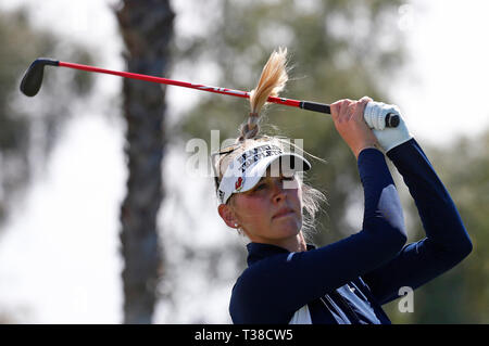 Rancho Mirage, California, USA. 7th Apr 2019. Jessica Korda hits a tee shot on the sixth hole during the final round of the LPGA Tour ANA Inspiration golf tournament at Mission Hills Country Club in Rancho Mirage, California. Charles Baus/CSM Credit: Cal Sport Media/Alamy Live News Stock Photo