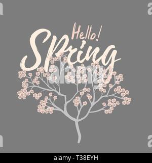 Hello spring card with Cherry Blossom Spring Flower tree Stock Vector