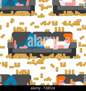Lazy man lying on couch drinking beer pattern seamless. Hangover guy is lying on sofa background Stock Vector