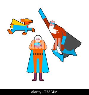 Superhero grandparents and dog. Super grandparent in Cloak and mask. Superpowers old man. Grandfather and grandmother Cartoon style vector Stock Vector