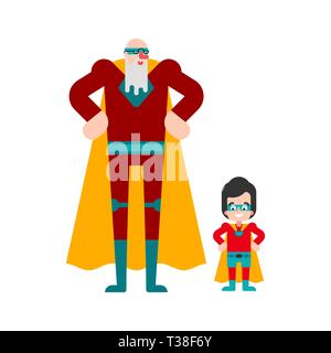 Superhero Grandfather and grandson. Super granddad in Cloak and mask. Superpowers old man. Cartoon style vector Stock Vector