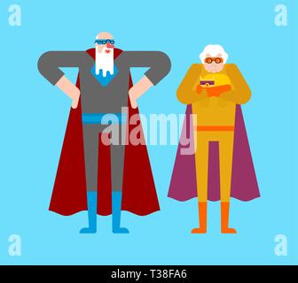 Superhero grandparents and dog. Super grandparent in Cloak and mask. Superpowers old man. Grandfather and grandmother Cartoon style vector Stock Vector