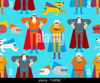 Superhero grandparents and pet pattern seamless. Super grandparent in Cloak and mask. Superpowers cat and dog background. Grandfather and grandmother  Stock Vector