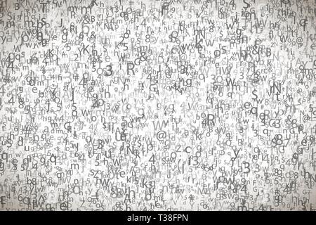 Many abstract chaotic complicated crypto symbols on white, data encryption binary code concept Stock Vector