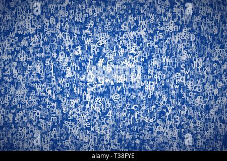 Many abstract chaotic complicated crypto symbols on blue, data encryption binary code concept Stock Vector