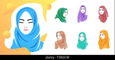 Set of beautiful woman wearing colorful hijab icon, hijab logo isolated Stock Vector