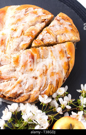 Food bakery concept fresh baked homemade apple Cinnamon Roll Braided Bread with copy space Stock Photo