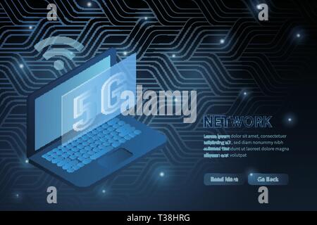 5G wifi technology and laptop geometry cross frame line vector futuristic illustration template background with glowing dot. Concept of wireless high  Stock Vector