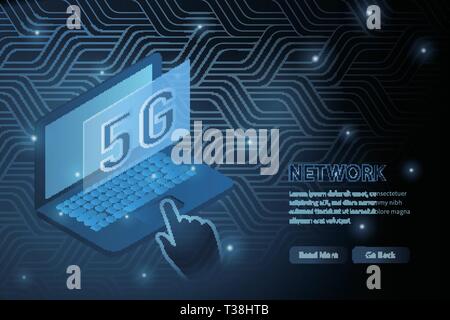 5G wifi technology and laptop geometry cross frame line vector futuristic illustration template background with glowing dot. Concept of wireless high  Stock Vector