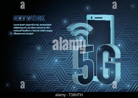 5G technology and smart phone geometry cross frame line vector futuristic illustration template background with glowing dot Concept of wireless high s Stock Vector