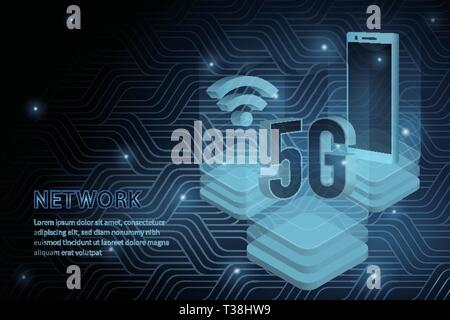 5G technology mobile phone geometry cross frame line vector futuristic illustration template background with glowing dot. Concept of wireless high spe Stock Vector